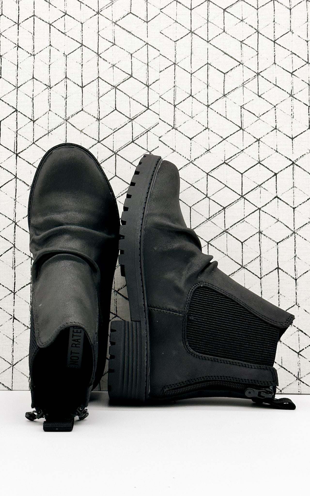 Noble Bootie Black Faux Suede Slouched Combat Boot Zippers Naughty Monkey